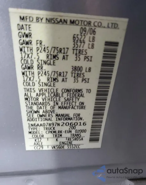 2007 Nissan Titan Xe z USA, uszkodzony, nr VIN 1N6AA07B97N206016